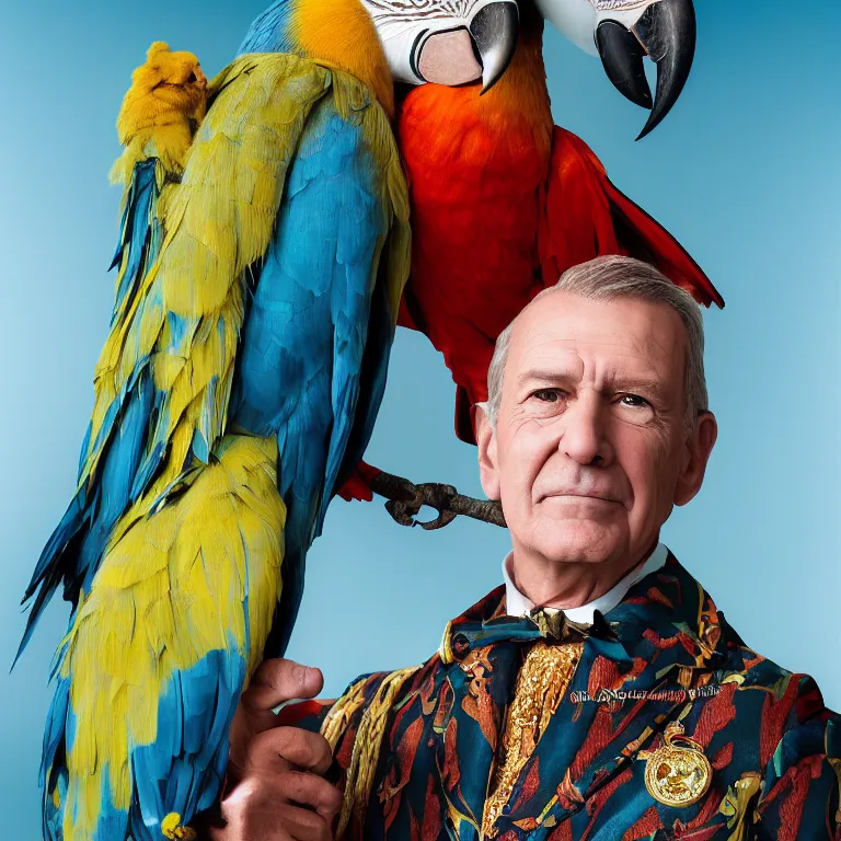 Image similar to high fashion photoshoot octane render portrait by wayne barlow and carlo crivelli and glenn fabry, a distinguished sea captain wearing a colorful eccentric velvet pastel vintage uniform and holding a macaw while standing on a beautiful high - end white and wood yacht, very short depth of field, bokeh