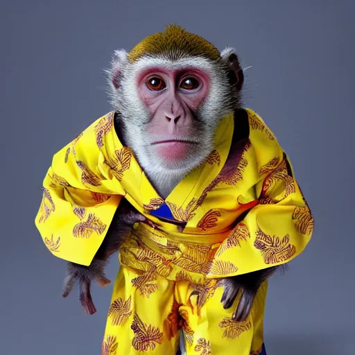 Image similar to a monkey wearing a yellow kimono, 8 k