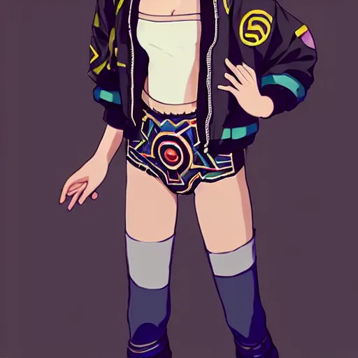 Image similar to beautiful boyish natalie portman gravure model in majora's mask, wearing big mayan bomber jacket with overalls and leotard, big bomber jacket with subtle mayan patterns, aztec bathing suit, gapmoe yandere grimdark, trending on pixiv fanbox, painted by greg rutkowski makoto shinkai takashi takeuchi studio ghibli, akihiko yoshida