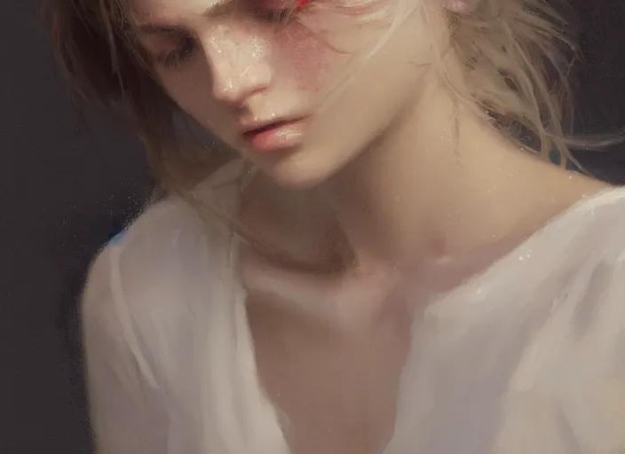 Image similar to close up picture of a white dress girl, hard breathing, messy hair, beautiful and aesthetic and attractive and detailed face, specular reflection, occlusion shadow, intricate, bokeh, masterpiece, by ilya kuvshinov and jeremy lipking and quentin mabille