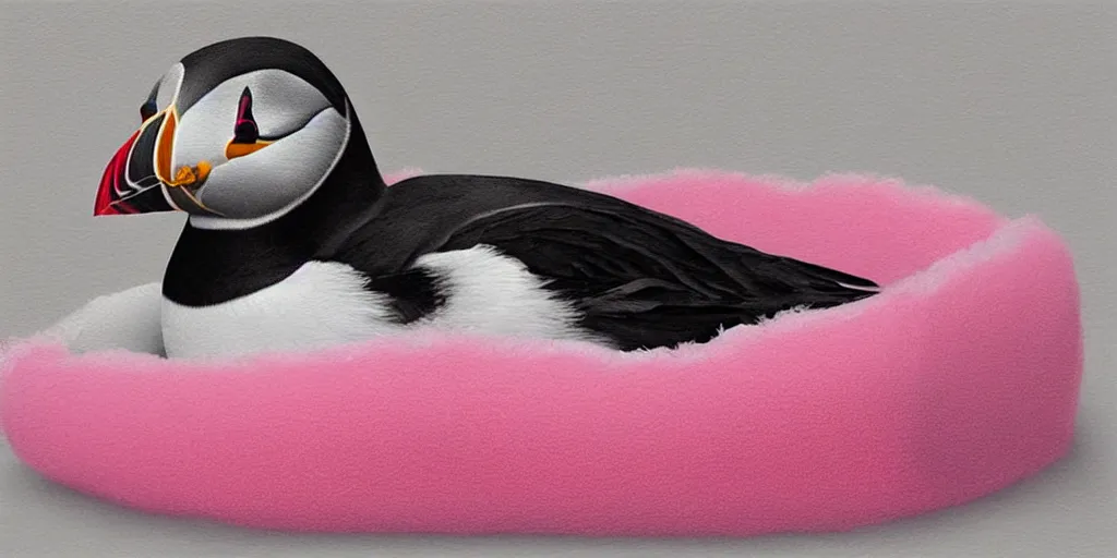 Image similar to realistic puffin sitting in a pink fluffy bed, hyper detailed, trending on artstation