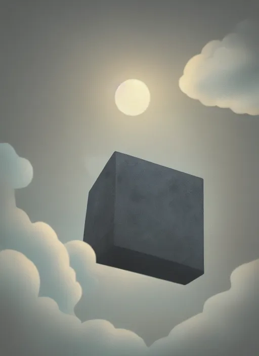 Image similar to a cell - shaded studio ghibli concept art study of a grey cube in the sky. a fighter shot is chasing the cube. wide shot, very dull colors, hd, 4 k, hq