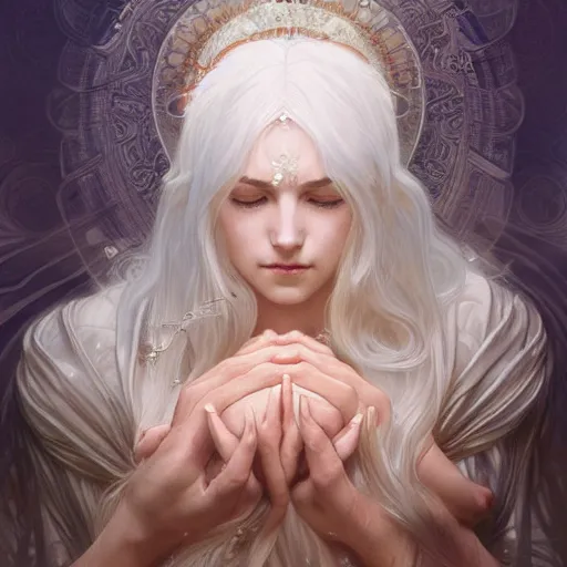 Image similar to goddess, white hair, long hair, hands spread out in prayer, intricate, elegant, ethereal, highly detailed, digital painting, artstation, concept art, smooth, sharp focus, illustration, art by artgerm and greg rutkowski and alphonse mucha