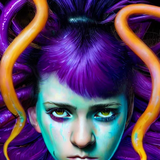 Image similar to detailed photo portrait of a furious teen girl with thin, hair-like purple tentacles on her head and bright purple eyes, 8k,by tristan eaton, Stanley Artgermm,Tom Bagshaw,Greg Rutkowski,Carne Griffiths,trending on DeviantArt, face enhance,hyper detailed ,full of colour, dramatic lightning