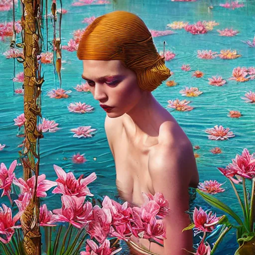 Prompt: pretty model with water lillies : : by martine johanna and simon stalenhag and chie yoshii and casey weldon and wlop : : ornate, dynamic, particulate, rich colors, intricate, elegant, highly detailed, vogue, harper's bazaar art, fashion magazine, smooth, sharp focus, 8 k, octane render