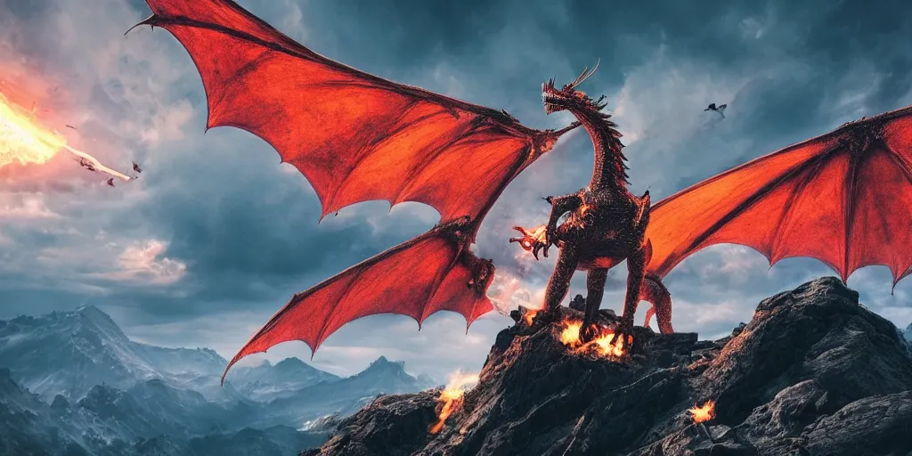 Prompt: A single dragon with half open wings breathing fire standing on the top of a mountain, epic composition, detailed and intricate image, cinematic, 4K