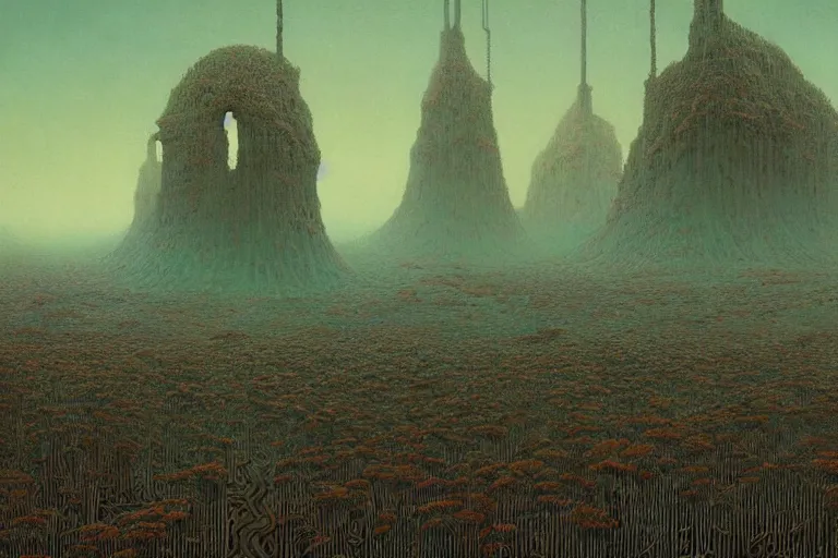 Image similar to a surreal and awe - inspiring sciende fiction landscape, intricate, elegant, highly detailed matte painting by beksinski and simon stalenhag