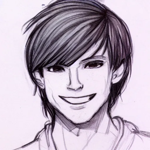 Image similar to sketch of a teenage boy with short side part hair and a smile, trending on artstation