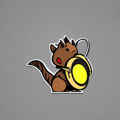 Prompt: svg sticker of a Dancing-Squirrel, at a rave, spinning records, giant headphones rocking out, wearing headphones, huge speakers, dancing, rave, DJ, spinning records, digital art, amazing composition, rule-of-thirds, award-winning, trending on artstation, featured on deviantart