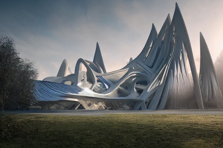 Image similar to extremely detailed cathedral designed by Zaha Hadid surrounded by a forest, stunning volumetric light, sunset, metal, concrete and translucent material, stunning skies, trending on Artstation, 8k, photorealistic, hyper detailed, unreal engine 5, IMAX quality, cinematic, epic lighting, in the style of Greg Rutkowski