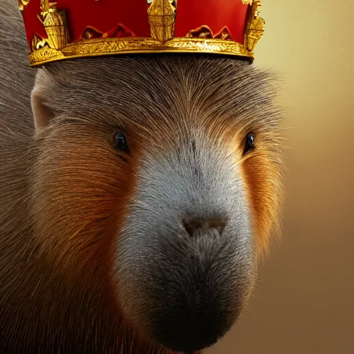 Image similar to detailed photorealistic painting of a capybara, wearing a detailed ornamented gold crown with diamonds, in a medieval knight armor with red cape, standing in front of a detailed castle, sharp focus in the style of ruan jia, Mandy jurgens, cinematic light, concept art, trending on artstation, ultra realistic