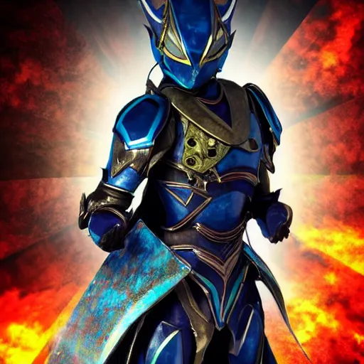 Image similar to High Fantasy Kamen Rider, 4k, glowing eyes, rock quarry location, daytime, rubber suit, dark blue segmented armor, dragon inspired armor