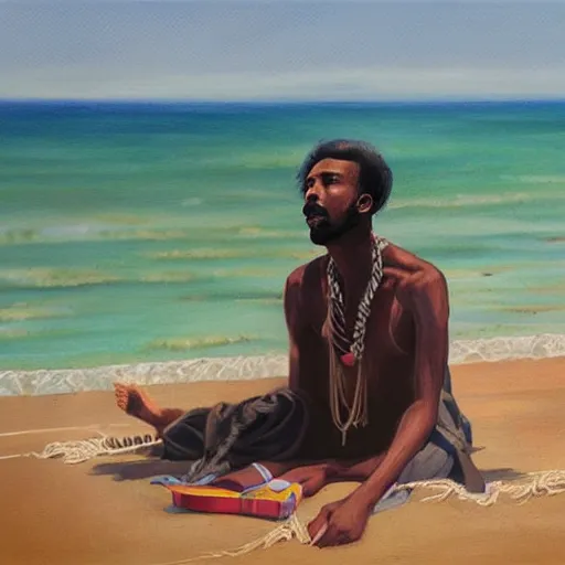 Prompt: beautiful portrait of a somali man, with long curly black hair, relaxing on the beach, by wang ling wlop