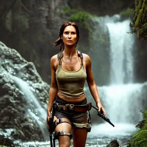 Image similar to Still of Lara Croft in the movie Indiana Jones, under a waterfall, cinematic lighting, bokeh, 4k