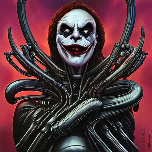 Image similar to lofi giger joker portrait, Pixar style, by Tristan Eaton Stanley Artgerm and Tom Bagshaw.