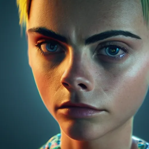 Prompt: cara delevingne as samus aran, cinematic shot, kodak, hyperrealism, futurism 4 k, octane render