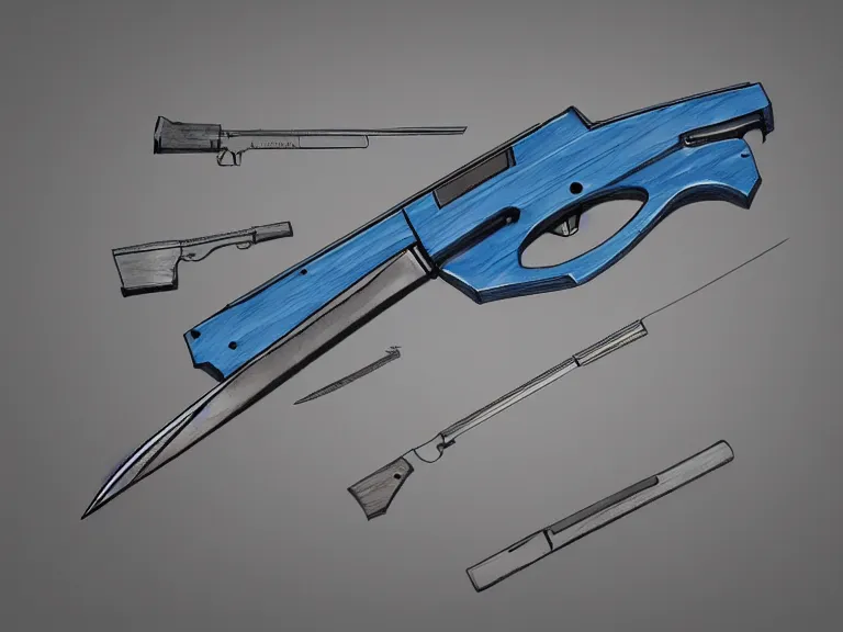 Prompt: blue prints, concept art of a gun and a knife combination.