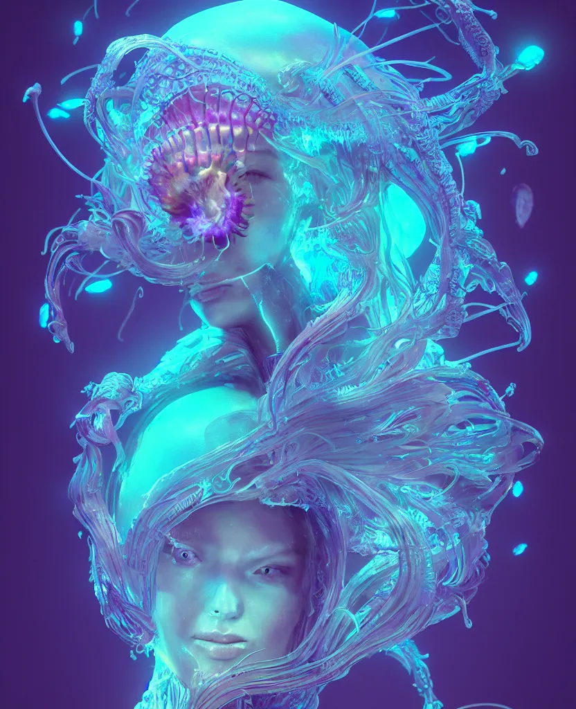 Image similar to goddess close-up portrait. orchid jellyfish phoenix head, nautilus, skull, betta fish, bioluminiscent creatures, intricate artwork by Tooth Wu and wlop and beeple. octane render, trending on artstation, greg rutkowski very coherent symmetrical artwork. cinematic, hyper realism, high detail, octane render, 8k