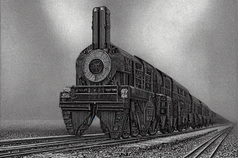 Image similar to intricate, 3 d, art deco, freight train, style by caspar david friedrich and wayne barlowe and ted nasmith.