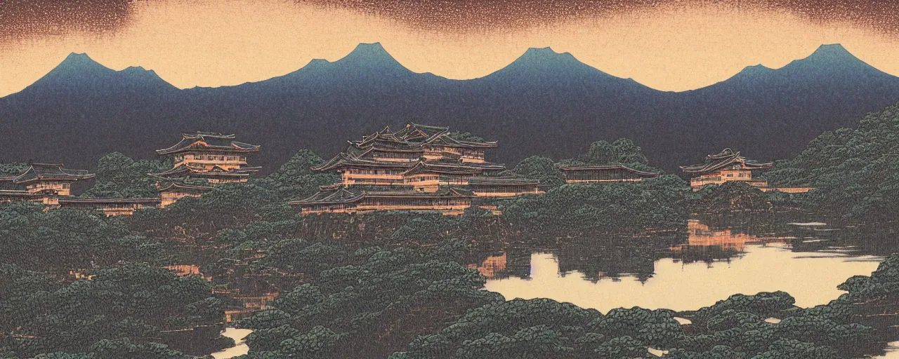 Image similar to landscape artwork of multiple large interconnected castles,moat,bridge,mountains,digital art,night sky,by Kawase Hasui masterpiece,high quality,pretty,fantasy,impossible