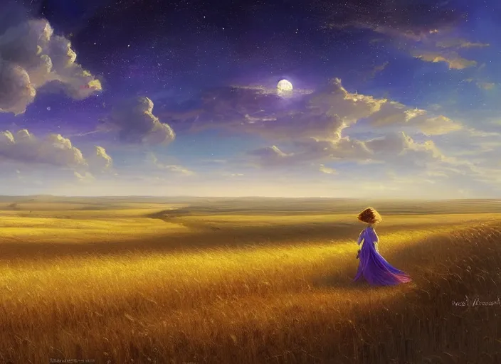 Prompt: a lone princess walks through a vast wheat field in the cosmic sky by vladimir volegov and alexander averin and peder mørk mønsted and guweiz and raphael lacoste