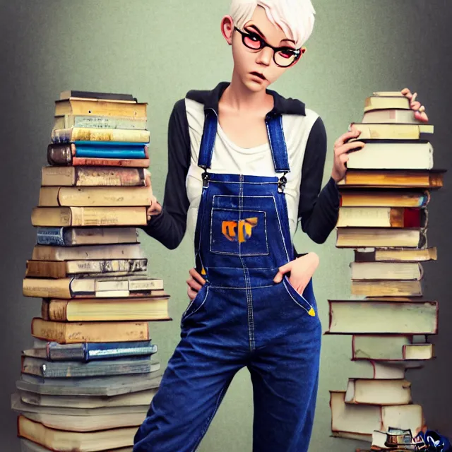 Image similar to full body pose, beautiful adult fairy, pixar, short white hair shaved sides, dirty, grungy, grunge, long sleeve, painted overalls, stacks of giant books, by sakimichan, highly detailed, 4 k, hdr, smooth, sharp focus, high resolution, award - winning photo, artgerm, photorealistic