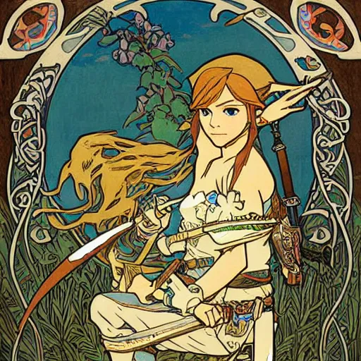 Image similar to a painting of The Legend of Zelda: Breath of the wild by mucha