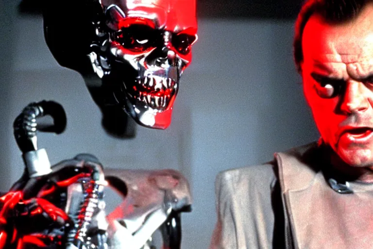 Image similar to Jack Nicholson plays Terminator, his one yes glow red, scene where his endoskeleton gets exposed, still from the film