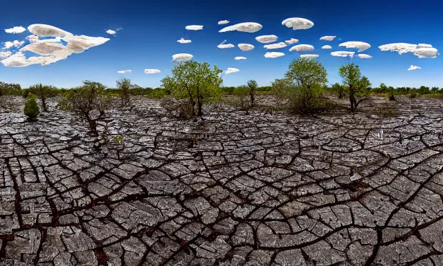 Image similar to beautiful panorama of many magnificent big upside-down raindrops filling a perfect cloudless blue sky full above a dried up river, desolate land, dead trees, blue sky, hot and sunny highly-detailed, elegant, dramatic lighting, artstation, 4k, cinematic landscape, masterpiece photograph by Elisabeth Gadd, National Geographic