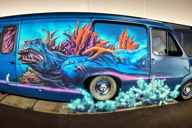 Prompt: a super wide shot photo of a dark blue metallic 1 9 7 2 chevy g 1 0 panel van parked in a garage with an awesome airbrushed scene of a monster made of colorful coral reef emerging from the sea, 8 0 s synthwave, airbrushed, trapper keeper, lightning, explosions, creature design, monster, dinosaur, sony 1 4 mm f 8. 0