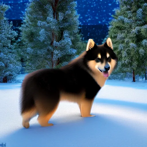 Image similar to happy finnish lapphund dog, black brown white fur, snow, trees, stream of water, pixar, disney, 4 k, animation