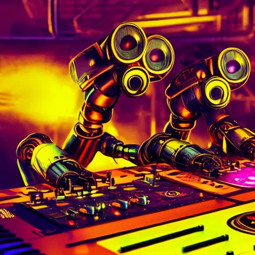 Image similar to album art, the band is called roborock, 3 dieselpunk robot heads with robot arms on a dj desk with a cd mixer, 8 k, fluorescent colors, halluzinogenic, multicolored, exaggerated detailed, front shot, 3 d render, octane