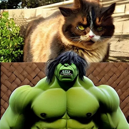 Image similar to hulk cat, big green muscular cat, demanding food from its owner