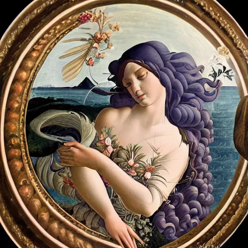 Image similar to an hyperrealistic mythological oil painting of venus with long curly brown hair, full body, wearing floral chiton, sleeping in a giant scallop shell near the seashore, intricate, elegant, renaissance style, by sandro botticelli -