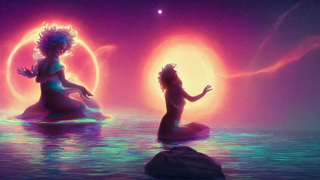 Image similar to a beautiful whimsical goddess floating above a lake basking in the moonlight, casting a spell, underneath a multi-colored binary blackhole with an accretion disc, glowing trails following her arms, acidwave, by Lois van Baarle, by Greg Rutkowski, by artgerm, by beeple, by studio ghibli, cinematic angle, volumetric lighting, 4k resolution, octane render, trending on artstation, masterpiece