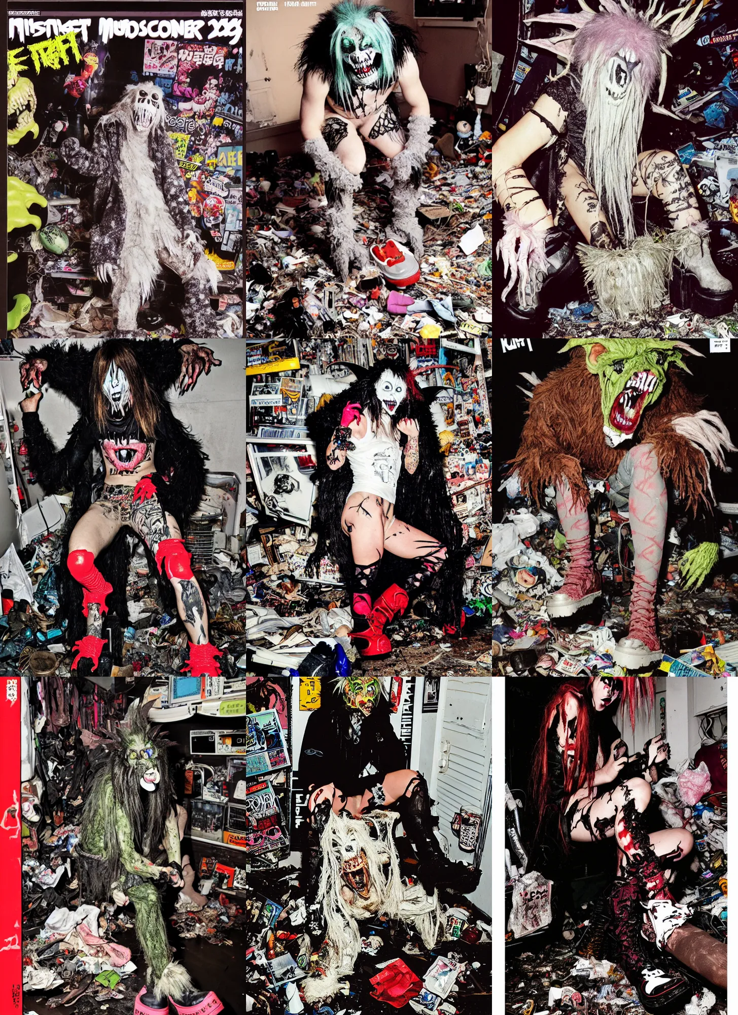 Image similar to photo of lace monster goblin wearing ripped up dirty Swear kiss monster teeth yeti platform boots in the style of Ryan Trecartin in the style of 1990's FRUiTS magazine 20471120 in japan in a dirty dark dark dark poorly lit bedroom full of trash and garbage server racks and cables everywhere in the style of Juergen Teller in the style of Shoichi Aoki, japanese street fashion, KEROUAC magazine, Walter Van Beirendonck W&LT 1990's, Vivienne Westwood, y2K aesthetic