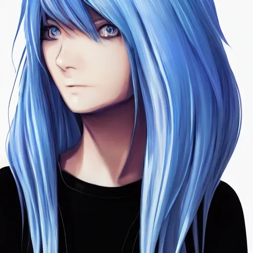 Image similar to profile shot of rimuru tempest, sky blue hair, straight hair, pretty, long bangs, amber eyes, all black jacket with white stripes, high collar, highly detailed, unreal engine 5, color block, digital painting, concept art, cinematic, wlop | artgerm, pixiv, greg rutkowski, ilya kuvshinov, andy warhol