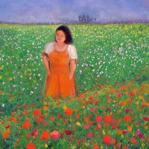 Prompt: woman standing in a flower field, head of flowers