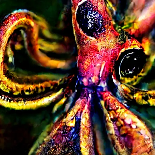 Image similar to fiery whimsical emotional eyes cephalopod, in a photorealistic macro photograph with shallow dof