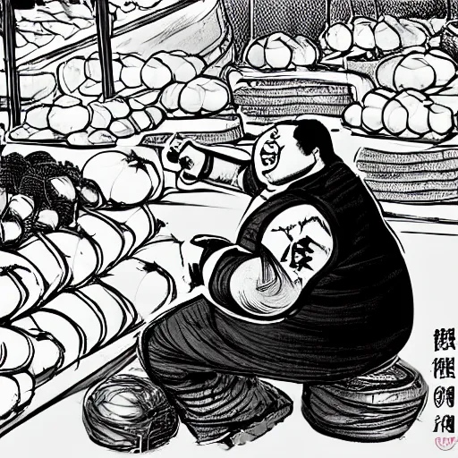 Prompt: a chinese fat guy being stabbed by a long blade in a melon stall.digital art,trending on artstation.