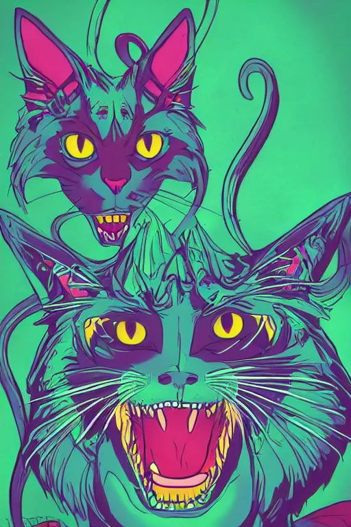 Image similar to demon cat, art by brian miller, colorful, illustration, highly detailed, simple, no jagged lines, smooth