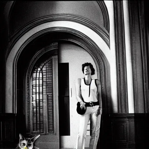 Image similar to detailed professional photographic portrait of Sigourney Weaver wearing a white singlet and her cat moving apartment New York City 1983, gothic building entrance way Art Deco. Giger, cinematic feel, high octane