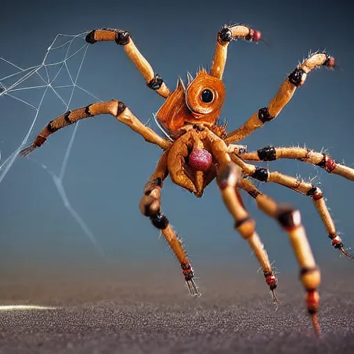 Prompt: action photography, long shot, award winning macro photo of an ultra detailed a robot - spider is shooting hot dogs on donald trump. donald trump is running away. fast shutter speed, motion blur, tiny gaussian blur, highly detailed, highly intricate, depth of field, national geographic