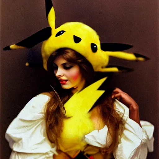 Image similar to elegant woman dressed up as pikachu, art photo by Annie Liebovitz and Alphonse Mucha