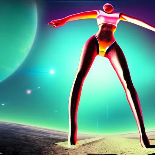 Image similar to A wide angle shot from below of a feminine body walking with swagger towards camera on mars in an infinite universe , synthwave digital art