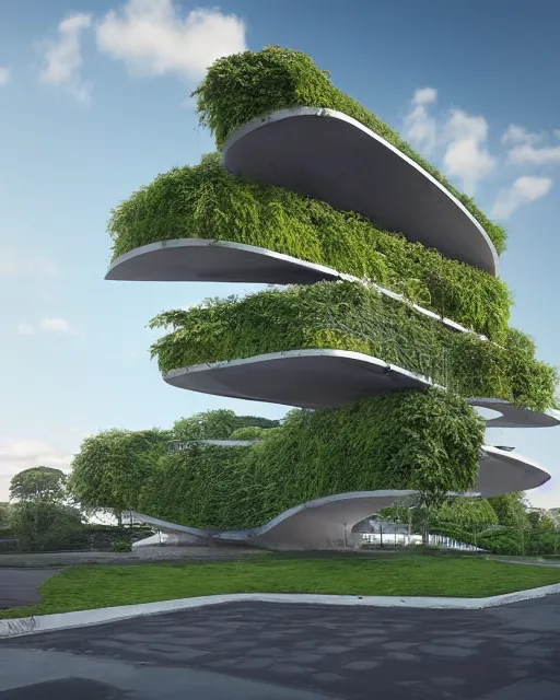 Image similar to a beautiful 3d renderings of buildings, architecture by Morphosis Architect. nature meets architecuture. green landscape, Architectural photography, 14mm, cinematic photography, high resolution 4k, cg architects, vray, dramatic sky, cinematic lighting, wide angle, award winning,