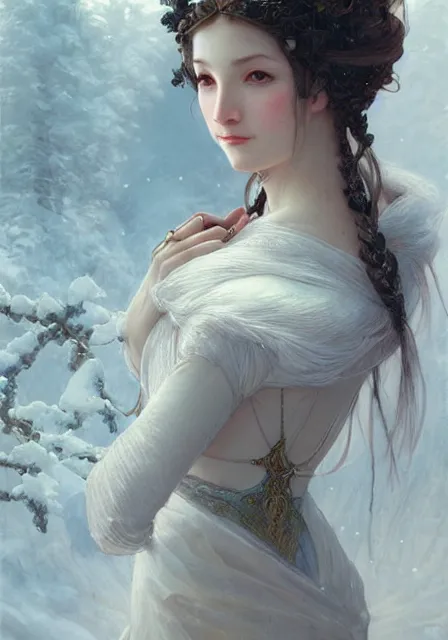 Image similar to snow queen, intricate, elegant, highly detailed, digital painting, artstation, concept art, smooth, sharp focus, illustration, art by artgerm and greg rutkowski and alphonse mucha and william - adolphe bouguereau