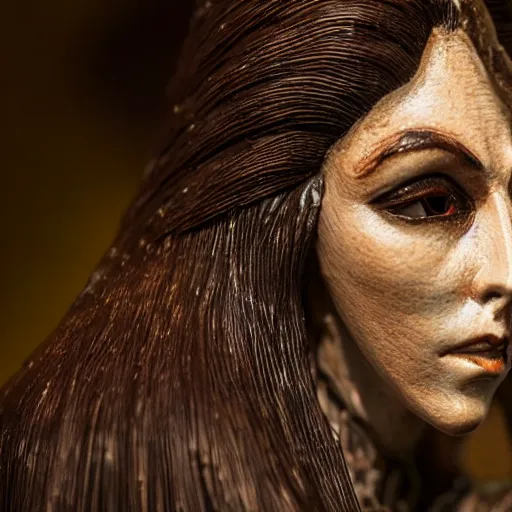 Prompt: photo taken of an epic intricate, ultra detailed, super realistic bust of a majestic gracious regal aristocratic brunette female vampire stop motion puppet created by weta workshop, menacing, some zoomed in shots, photorealistic, sharp focus, white wall, extremely cold blueish colour temperature, 3 5 mm, f 1. 4, golden ratio