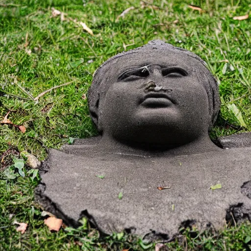 Prompt: statue of libertys head with crown is lying sideways on the ground abandoned