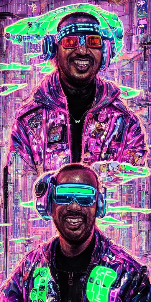 Prompt: detailed Stevie Wonder portrait Neon Operator, cyberpunk futuristic neon, reflective puffy coat, decorated with traditional Japanese ornaments by Ismail inceoglu dragan bibin hans thoma !dream detailed portrait Neon Operator Girl, cyberpunk futuristic neon, reflective puffy coat, decorated with traditional Japanese ornaments by Ismail inceoglu dragan bibin hans thoma greg rutkowski Alexandros Pyromallis Nekro Rene Maritte Illustrated, Perfect face, fine details, realistic shaded, fine-face, pretty face